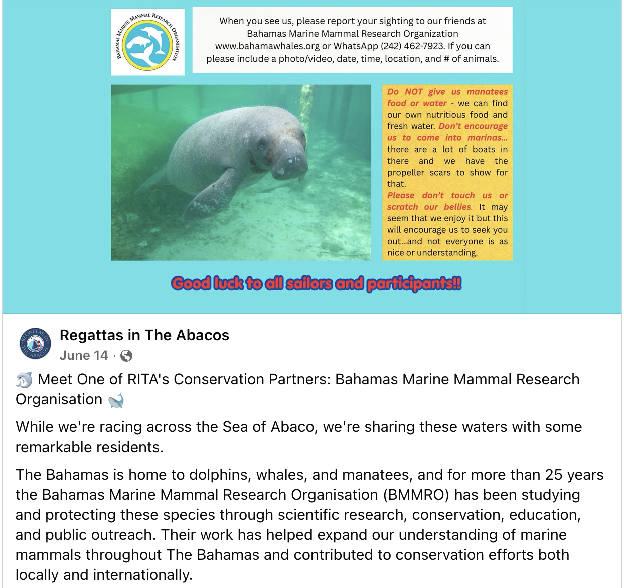 Facebook post from Regattas in The Abacos naming BMMRO a conservation partner, alongside a graphic with manatee safety guidance and sighting report details.